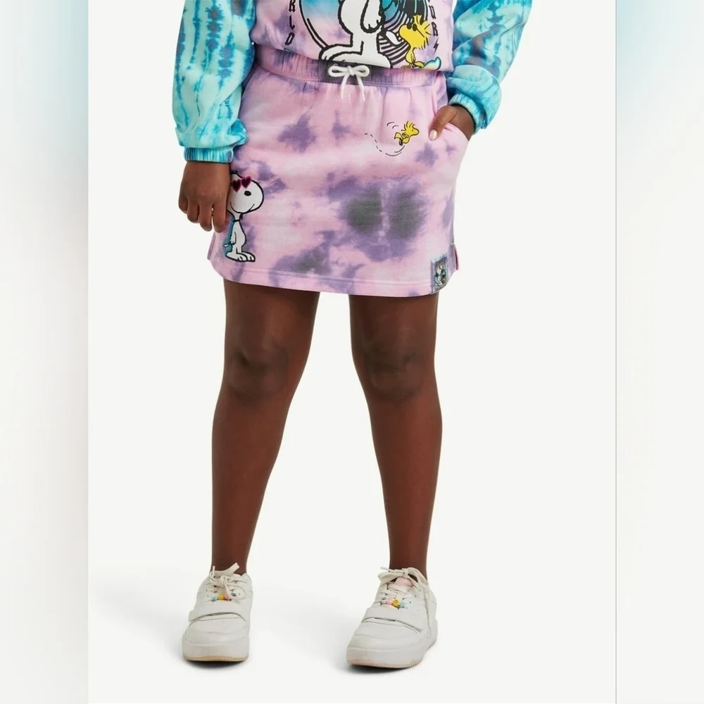 NWT Justice Girls Pink Purple Tie-Dye Snoopy Fleece Skirt Skort Size Large 12/14